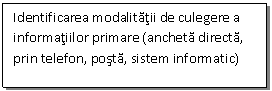 Text Box: Identificarea modalitatii de culegere a informatiilor primare (ancheta directa, prin telefon, posta, sistem informatic)