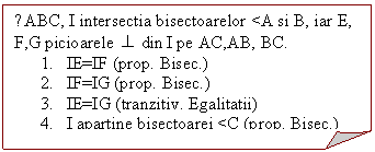 Folded Corner: ∆ABC, I intersectia bisectoarelor <A si B, iar E, F,G picioarele din I pe AC,AB, BC.
1. IE=IF (prop. Bisec.)
2. IF=IG (prop. Bisec.)
3. IE=IG (tranzitiv. Egalitatii)
4. I apartine bisectoarei <C (prop. Bisec.)

