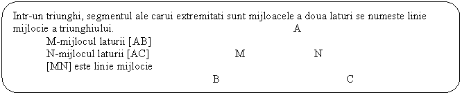 Rounded Rectangle: Intr-un triunghi, segmentul ale carui extremitati sunt mijloacele a doua laturi se numeste linie mijlocie a triunghiului. A
 M-mijlocul laturii [AB]
 N-mijlocul laturii [AC] M N 
 [MN] este linie mijlocie
 B C
