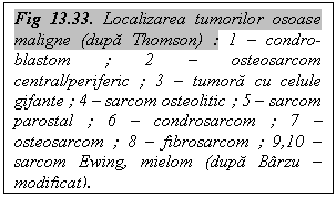 Text Box: Fig 13.33. Localizarea tumorilor osoase maligne (dupa Thomson) : 1 – condro-blastom ; 2 – osteosarcom central/periferic ; 3 – tumora cu celule gifante ; 4 – sarcom osteolitic ; 5 – sarcom parostal ; 6 – condrosarcom ; 7 – osteosarcom ; 8 – fibrosarcom ; 9,10 – sarcom Ewing, mielom (dupa Barzu – modificat).