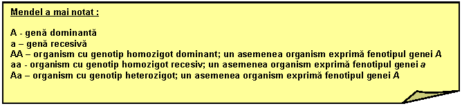 Folded Corner: Mendel a mai notat :

A - gena dominanta
a - gena recesiva
AA - organism cu genotip homozigot dominant; un asemenea organism exprima fenotipul genei A
aa - organism cu genotip homozigot recesiv; un asemenea organism exprima fenotipul genei a
Aa - organism cu genotip heterozigot; un asemenea organism exprima fenotipul genei A

