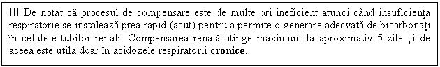 Text Box: !!! De notat ca procesul de compensare este de multe ori ineficient atunci cand insuficienta respiratorie se instaleaza prea rapid (acut) pentru a permite o generare adecvata de bicarbonati in celulele tubilor renali. Compensarea renala atinge maximum la aproximativ 5 zile si de aceea este utila doar in acidozele respiratorii cronice.

