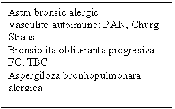 Text Box: Astm bronsic alergic
Vasculite autoimune: PAN, Churg Strauss
Bronsiolita obliteranta progresiva
FC, TBC
Aspergiloza bronhopulmonara alergica

