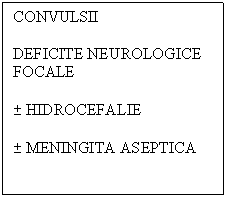 Text Box: CONVULSII

DEFICITE NEUROLOGICE FOCALE

� HIDROCEFALIE

� MENINGITA ASEPTICA

