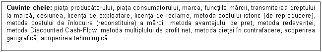 Text Box: Cuvinte cheie: piata producatorului, piata consumatorului, marca, functiile marcii, transmiterea dreptului la marca, cesiunea, licenta de exploatare, licenta de reclame, metoda costului istoric (de reproducere), metoda costului de inlocuire (reconstituire) a marcii, metoda avantajului de pret, metoda redeventei, metoda Discounted Cash-Flow, metoda multiplului de profit net, metoda pietei in contrafacere, acoperirea geografica, acoperirea tehnologica


