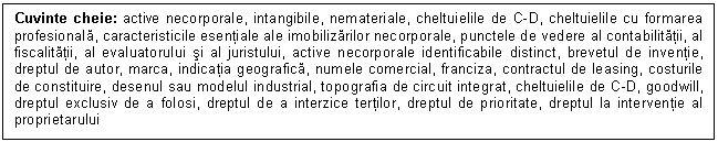 Text Box: Cuvinte cheie: active necorporale, intangibile, nemateriale, cheltuielile de C-D, cheltuielile cu formarea profesionala, caracteristicile esentiale ale imobilizarilor necorporale, punctele de vedere al contabilitatii, al fiscalitatii, al evaluatorului si al juristului, active necorporale identificabile distinct, brevetul de inventie, dreptul de autor, marca, indicatia geografica, numele comercial, franciza, contractul de leasing, costurile de constituire, desenul sau modelul industrial, topografia de circuit integrat, cheltuielile de C-D, goodwill, dreptul exclusiv de a folosi, dreptul de a interzice tertilor, dreptul de prioritate, dreptul la interventie al proprietarului

