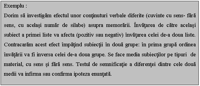 Text Box: Exemplu :
Dorim sa investigam efectul unor continuturi verbale diferite (cuvinte cu sens- fara sens, cu acelasi numar de silabe) asupra memorarii. Invatarea de catre acelasi subiect a primei liste va afecta (pozitiv sau negativ) invatarea celei de-a doua liste. Contracaram acest efect impatind subiectii in doua grupe: in prima grupa ordinea invatarii va fi inversa celei de-a doua grupe. Se face media subiectilor pe tipuri de material, cu sens si fara sens. Testul de semnificatie a diferentei dintre cele doua medii va infirma sau confirma ipoteza enuntata. 

