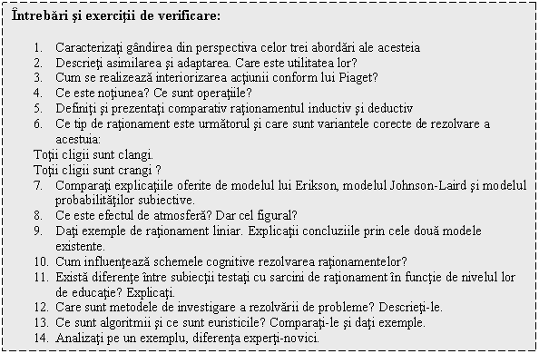 Text Box: Intrebari si exercitii de verificare:

1. Caracterizati gandirea din perspectiva celor trei abordari ale acesteia
2. Descrieti asimilarea si adaptarea. Care este utilitatea lor?
3. Cum se realizeaza interiorizarea actiunii conform lui Piaget?
4. Ce este notiunea? Ce sunt operatiile?
5. Definiti si prezentati comparativ rationamentul inductiv si deductiv
6. Ce tip de rationament este urmatorul si care sunt variantele corecte de rezolvare a acestuia:
Totii cligii sunt clangi.
Totii cligii sunt crangi ?
7. Comparati explicatiile oferite de modelul lui Erikson, modelul Johnson-Laird si modelul probabilitatilor subiective.
8. Ce este efectul de atmosfera? Dar cel figural?
9. Dati exemple de rationament liniar. Explicatii concluziile prin cele doua modele existente.
10. Cum influenteaza schemele cognitive rezolvarea rationamentelor?
11. Exista diferente intre subiectii testati cu sarcini de rationament in functie de nivelul lor de educatie? Explicati.
12. Care sunt metodele de investigare a rezolvarii de probleme? Descrieti-le.
13. Ce sunt algoritmii si ce sunt euristicile? Comparati-le si dati exemple.
14. Analizati pe un exemplu, diferenta experti-novici. 

