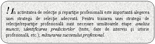 Rounded Rectangle: ! In activitatea de selectie si repartitie profesionala este importanta alegerea unei strategii de selectie adecvata. Pentru trasarea unei strategii de selectie/repartitie profesionala sunt necesare urmatoarele etape: analiza muncii; identificarea predictorilor (teste, date de interviu si istorie profesionala, etc.); masurarea succesului profesional.