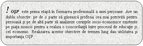 Rounded Rectangle: ! OSP este prima etapa in formarea profesionala a unei persoane. Are un dublu obiectiv: pe de o parte sa gaseasca profesia cea mai potrivita pentru persoana si pe de alta parte sa analizeze cerintele socio-economice existente pe piata muncii pentru a realiza o concordanta intre procesul de educatie si cel economic. Realizarea acestor obiective de termen lung dau utilitatea si importanta OSP.


