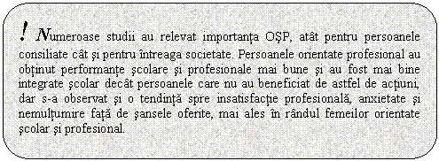 Rounded Rectangle: ! Numeroase studii au relevat importanta OSP, atat pentru persoanele consiliate cat si pentru intreaga societate. Persoanele orientate profesional au obtinut performante scolare si profesionale mai bune si au fost mai bine integrate scolar decat persoanele care nu au beneficiat de astfel de actiuni, dar s-a observat si o tendinta spre insatisfactie profesionala, anxietate si nemultumire fata de sansele oferite, mai ales in randul femeilor orientate scolar si profesional.

