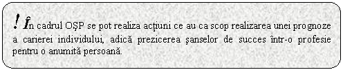 Rounded Rectangle: ! In cadrul OSP se pot realiza actiuni ce au ca scop realizarea unei prognoze a carierei individului, adica prezicerea sanselor de succes intr-o profesie pentru o anumita persoana. 

