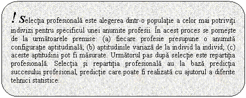 Rounded Rectangle: ! Selectia profesionala este alegerea dintr-o populatie a celor mai potriviti indivizi pentru specificul unei anumite profesii. In acest proces se porneste de la urmatoarele premise: (a) fiecare profesie presupune o anumita configuratie aptitudinala; (b) aptitudinile variaza de la individ la individ; (c) aceste aptitudini pot fi masurate. Urmatorul pas dupa selectie este repartitia profesionala. Selectia si repartitia profesionala au la baza predictia succesului profesional, predictie care poate fi realizata cu ajutorul a diferite tehnici statistice.

