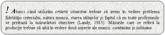 Rounded Rectangle: ! Atunci cand utilizam criterii obiective trebuie sa avem in vedere problema fidelitatii criteriului, natura muncii, starea utilajelor si faptul ca nu toate profesiunile se preteaza la masurartori obiective (Landy, 1985). Masurile care se refera la productie trebuie sa aiba in vedere doua aspecte ale muncii: cantitatea si calitatea. 


