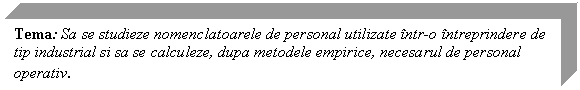 Text Box: Tema: Sa se studieze nomenclatoarele de personal utilizate intr-o intreprindere de tip industrial si sa se calculeze, dupa metodele empirice, necesarul de personal operativ.