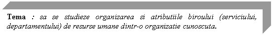 Text Box: Tema : sa se studieze organizarea si atributiile biroului (serviciului, departamentului) de resurse umane dintr-o organizatie cunoscuta. 


