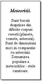 Text Box: Meteoritii.

Sunt bucati desprinse din diferite corpuri ceresti (planete, comete, asteroizi). Sunt de dimensiuni mici in comparatie cu asteroizii. Denumirea  populara a meteoritilor - stele cazatoare.
