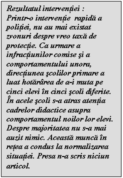 Text Box: Rezultatul interventiei :
Printr-o interventie  rapida a politiei, nu au mai existat zvonuri despre vreo taxa de protectie. Ca urmare a infractiunilor comise si a comportamentului unora, directiunea scolilor primare a luat hotararea de a-i muta pe cinci elevi in cinci scoli diferite. In acele scoli s-a atras atentia cadrelor didactice asupra  comportamentul noilor lor elevi. Despre majoritatea nu s-a mai auzit nimic. Aceasta munca in retea a condus la normalizarea situatiei. Presa n-a scris niciun articol.
