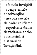 Text Box: - efectele invatarii 
- competentele absolventilor
- nevoile sociale de cadre calificate 
- raporturile dintre dezvoltarea socio-economica si sistemul de invatamant. 

