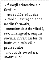 Text Box:  - functii educative ale familiei
 - accesul la educatie
 - mediul extrascolar ca mediu formativ, 
- caracteristici de varsta, sex, inteligenta, origine sociala, nivelului lor de instructie cultura, a profesorilor 
- modul de recrutare, statusul lor. 
