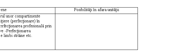 Text Box: Posibilitati interne Posibilitati in afara unitatii 
-Stagiul in cadrul unor compartimente functionale -Initiere (perfectionare) in informatica -Perfectionarea profesionala prin cursuri intensive -Perfectionarea cunostintelor de limbi straine etc. 
