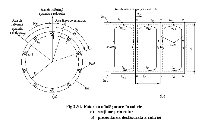 Text Box: 
 
(a) (b)

Fig.2.31. Rotor cu o infasurare in colivie
a) sectiune prin rotor
b) prezentarea desfasurata a coliviei
