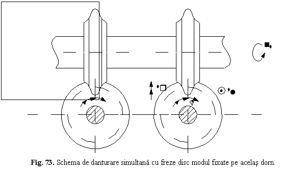 Text Box: 
Fig. 73. Schema de danturare simultana cu freze disc modul fixate pe acelas dorn.
