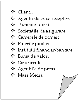 Folded Corner: v	Clientii
v	Agentii de voiaj receptive
v	Transportatorii
v	Societatile de asigurare
v	Camerele de comert
v	Puterile publice
v	Institutii financiar-bancare
v	Bursa de valori
v	Concurenta
v	Agentiile de presa
v	Mass Media
