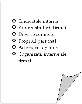 Folded Corner: v	Sindicatele interne
v	Administratorii firmei
v	Diverse comitete
v	Propriul personal
v	Actionarii agentiei
v	Organizatii interne ale firmei
