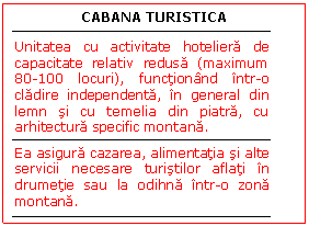 Text Box: CABANA TURISTICA


Unitatea cu activitate hoteliera de capacitate relativ redusa (maximum 80-100 locuri), functionand intr-o cladire independenta, in general din lemn si cu temelia din piatra, cu arhitectura specific montana.
Ea asigura cazarea, alimentatia si alte servicii necesare turistilor aflati in drumetie sau la odihna intr-o zona montana.
