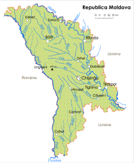 Harta Republicii Moldova indicand cele mai populate orase ale sale