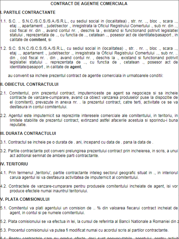 Model - contract de agentie comerciala