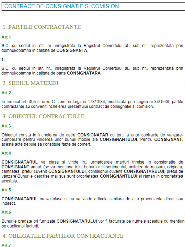 Contract de comision si consignatie - MODEL