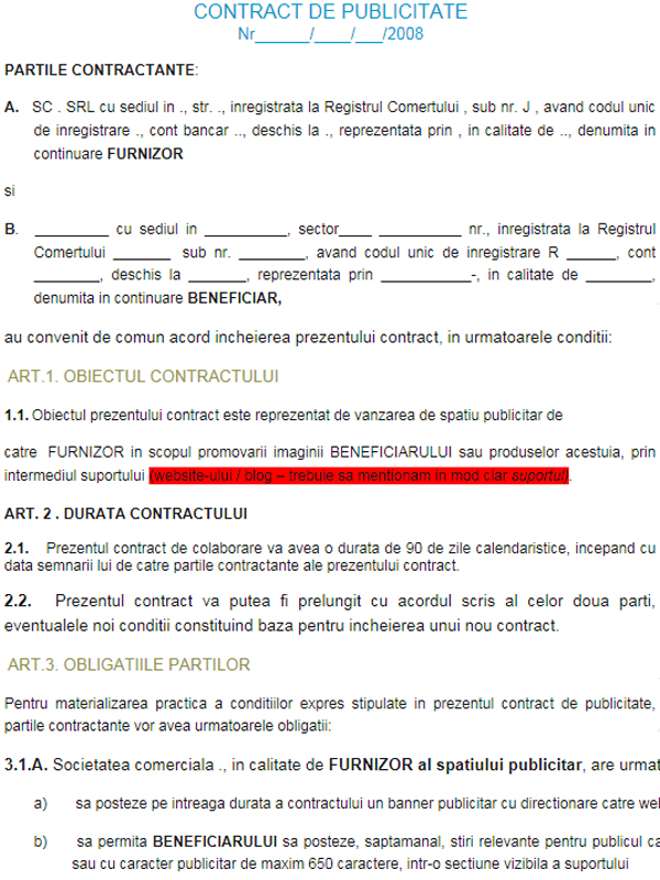 Contract de publicitate - FORMULAR TIP