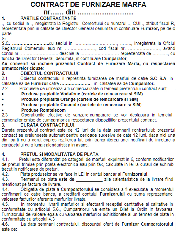 Contract de furnizare marfa - EXEMPLU